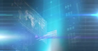 Mavi arkaplanda hareket eden ekranların veri işleme animasyonu. küresel bağlantılar, teknoloji ve dijital arayüz konsepti dijital olarak oluşturulmuş video.