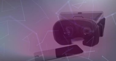 Mor arkaplandaki vr kulaklık üzerinden bağlantı ağının animasyonu. küresel bağlantılar, teknoloji ve dijital arayüz konsepti dijital olarak oluşturulmuş video.