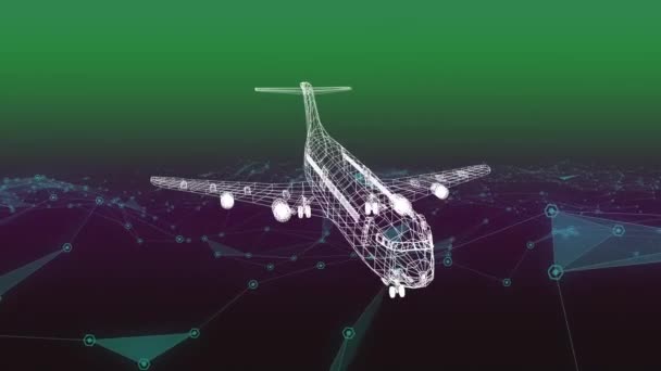 Animation Der Technischen Zeichnung Eines Flugzeugs Über Ein Netzwerk Von — Stockvideo