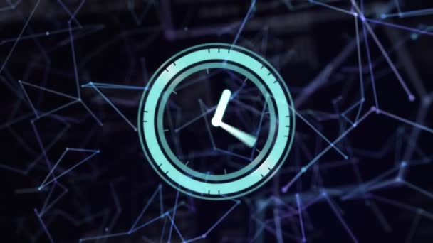 Animering Klockan Rör Sig Snabbt Över Nätverk Anslutningar Och Databehandling — Stockvideo