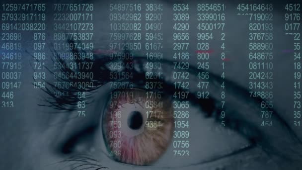 Animação Números Mudando Sobre Olho Mulher Conexão Global Processamento Dados — Vídeo de Stock