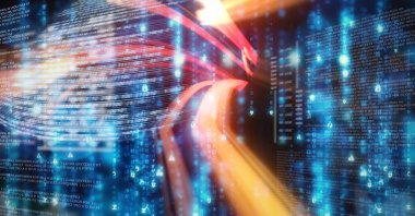 Neon turuncu ışık yolları. Bilgisayar kodu, program kodlaması ve teknoloji konsepti üzerinden. dijital olarak resim oluştur