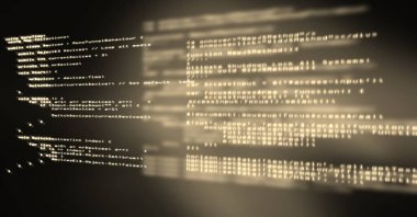 Siyah arka plan, program kodlaması ve teknoloji konseptine karşı bilgisayar kodu işleme. dijital olarak oluşturulmuş resim.