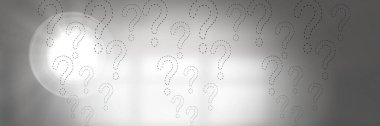 Beyaz ofis geçmişine karşı birden fazla soru işareti, soyut metin kavramı. dijital olarak oluşturulmuş resim.
