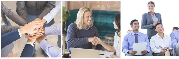 Gente Negocios Discutiendo Sala Reuniones Oficina Creativa Personas Estrechando Las —  Fotos de Stock