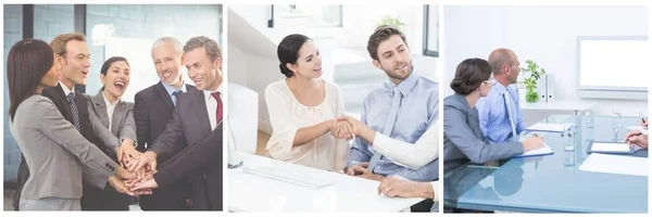 Compañeros Negocios Interactuando Entre Oficina Estrechando Las Manos Una Oficina — Foto de Stock