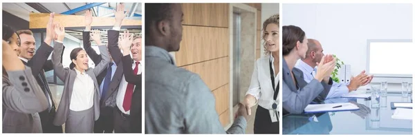 Gente Negocios Discutiendo Sala Reuniones Oficina Creativa Personas Estrechando Las — Foto de Stock