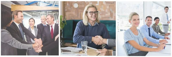 Gente Negocios Discutiendo Sala Reuniones Oficina Creativa Personas Estrechando Las —  Fotos de Stock