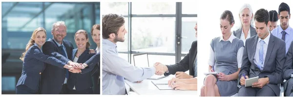 Gente Negocios Discutiendo Sala Reuniones Oficina Creativa Personas Estrechando Las — Foto de Stock