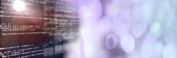 计算机代码处理的背景是黑色和紫色的 程序编码和技术概念 数字生成的图像 — 图库照片