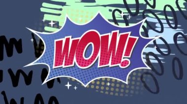 Retro konuşma balonunda wow metninin animasyonu mavi arkaplandaki çok renkli karalamalar üzerinde. Retro iletişim, renk ve hareket konsepti dijital olarak oluşturulmuş video.