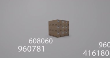 Arka plandaki karton kutuların üzerinde değişen numaraların animasyonu. küresel sevkiyat, dağıtım ve alışveriş konsepti dijital olarak oluşturulmuş video.