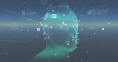 İnsan kafasının ızgara üzerinde tarama animasyonu. küresel bağlantılar, veri işleme ve dijital arayüz konsepti dijital olarak oluşturulmuş video.