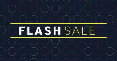 Siyah üzerine çok renkli daireler çizilmiş sarı çizgilerin olduğu flash satış metninin animasyonu. Tasarruf, perakende ve satış retro kavramı dijital olarak oluşturulmuş video.