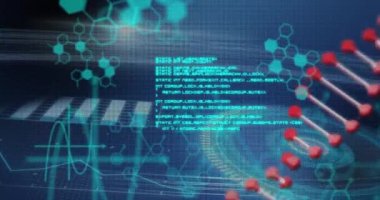 DNA iplikçiklerinin dönmesi ve mavi arka planda bilimsel veri işleme animasyonu. küresel bağlantılar, veri işleme ve dijital arayüz konsepti dijital olarak oluşturulmuş video.