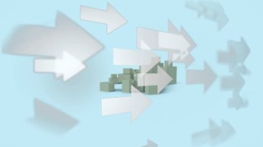 Mavi arka planda karton kutuların üzerinde hareket eden beyaz okları canlandırmak. küresel sevkiyat, dağıtım ve alışveriş konsepti dijital olarak oluşturulmuş video.