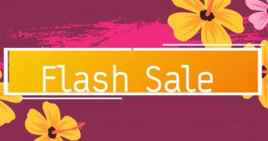 Turuncu pankartta flaş satışı metni pembe arka planda sarı çiçekler. Tasarruf, perakende ve satış retro kavramı dijital olarak oluşturulmuş video.