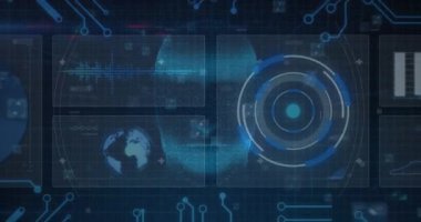 İnsan kafasını tarayan dürbünlerin animasyonu. küresel bağlantılar, veri işleme ve dijital arayüz konsepti dijital olarak oluşturulmuş video.