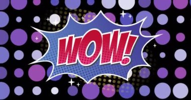 Siyah arkaplanda mor noktalar üzerinde retro konuşma baloncuğu üzerine wow metninin animasyonu. Retro iletişim, renk ve hareket konsepti dijital olarak oluşturulmuş video.