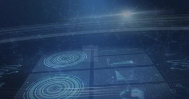 QR kod veri taraması ve mavi ızgara üzerinde tarama ve işleme dürbün tarama ve diyagramları ile animasyon. küresel bağlantılar, veri işleme ve dijital arayüz kavramı dijital olarak oluşturuldu