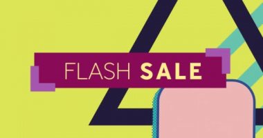 Kırmızı pankarttaki flaş satışı metninin animasyonu ve sarı arkaplanda çok renkli şekiller. Tasarruf, perakende ve satış retro kavramı dijital olarak oluşturulmuş video.