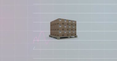 Arka plandaki karton kutular üzerinde finansal veri işleme animasyonu. küresel sevkiyat, dağıtım ve alışveriş konsepti dijital olarak oluşturulmuş video.