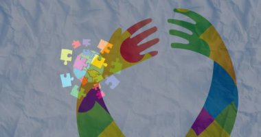 Otizm animasyonunun bilinç bulmacaları buruşmuş kağıt arka planda dünya çapında. küresel otizm farkındalık kavramı dijital olarak üretilen video.