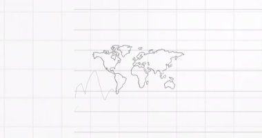 Beyaz arka planda dünya haritasında finansal veri işleme animasyonu. küresel seyahat, nakliye, dağıtım ve alışveriş konsepti dijital olarak oluşturulmuş video.