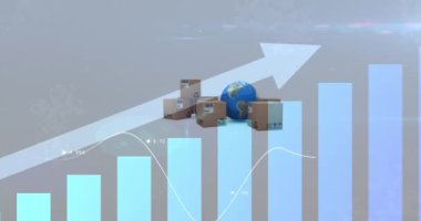 Arkaplanda karton kutular ve dünya üzerinde istatistikleri olan okun animasyonu. küresel sevkiyat, dağıtım ve alışveriş konsepti dijital olarak oluşturulmuş video.