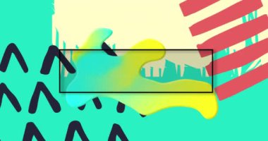 Sarı arkaplanda çok renkli soyut şekiller üzerine siyah çerçeveli büyük satış metinlerinin animasyonu. Tasarruf, perakende ve satış retro kavramı dijital olarak oluşturulmuş video.