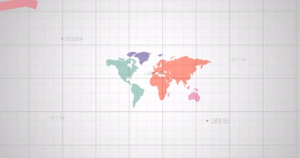 Animación Líneas Rojas Procesando Sobre Mapa Del Mundo Sobre Cuadrícula — Vídeo de stock