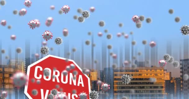 Animação Texto Coronavírus Stop Road Sign Sobre Células Paisagem Urbana — Vídeo de Stock
