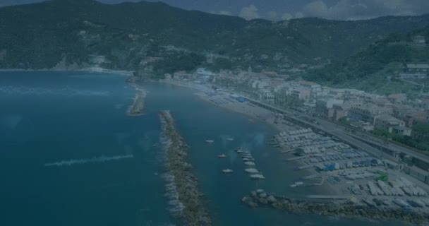 Animation Data Processing Aerial View Coastal City Global Connections Data — Stock Video