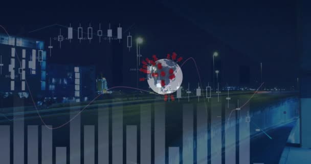 Animation Der Verarbeitung Von Finanzdaten Über Standortnadeln Auf Globus Und — Stockvideo