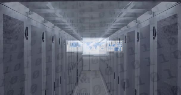 コンピュータサーバーと技術室上のデジタル画面上のデータ処理のアニメーション 世界的なデータ処理とテクノロジーの概念デジタルで生成されたビデオ — ストック動画