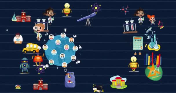 Анімація Мережі Людей Іконки Шкільних Предметів Всьому Світу Синьому Вишитому — стокове відео