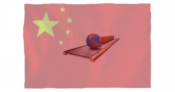 Animation Chinese Flag Waving Globe Cardboard Boxes Conveyor Belt White — Stock Video