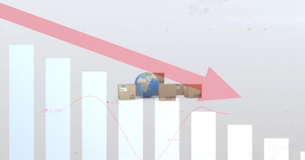 Animacja Czerwonej Strzałki Dół Globus Kartonowe Pudełka Białym Tle Globalna — Wideo stockowe