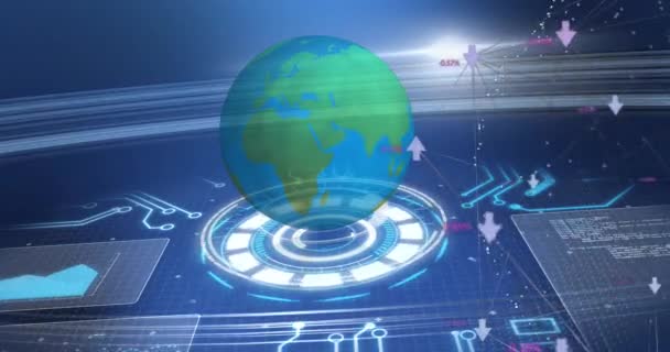 スコープのアニメーションは グリッド上で地球をスキャンします 世界規模の接続 データ処理 デジタルインターフェースの概念デジタル生成ビデオ — ストック動画