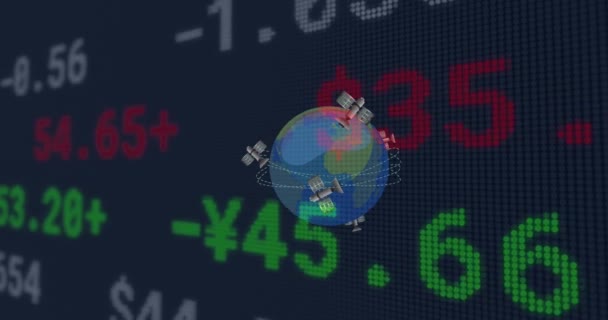 Анимация Обработки Финансовых Данных Над Спутниками Летающими Всему Миру Глобальных — стоковое видео