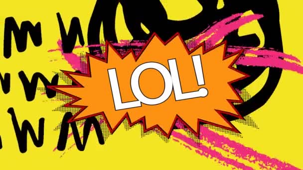 Animation Lol Text Retro Speech Bubble Black Squiggles Yellow Background — Stock Video