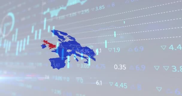 Animation Financial Data Processing Map Blue Europe Red Ηνωμένο Βασίλειο — Αρχείο Βίντεο