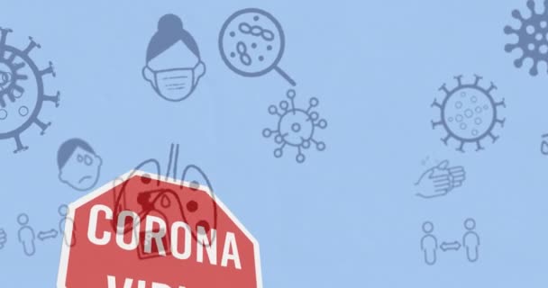 Κινούμενο Κείμενο Του Coronavirus Στο Στοπ Οδικής Πινακίδας Πάνω Από — Αρχείο Βίντεο