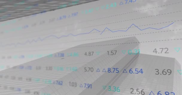 Composición Digital Del Procesamiento Datos Del Mercado Valores Contra Edificios — Vídeos de Stock