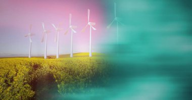 Pembe gökyüzü ve dumanlı rüzgar türbinlerinin bileşimi. küresel çevre, sürdürülebilirlik, küresel ısınma ve iklim değişikliği konsepti dijital olarak oluşturulmuş görüntü.