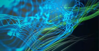 Çoklu mavi ve yeşil ışık izlerinin bileşimi. küresel ağ oluşturma ve dijital arayüz kavramı dijital olarak oluşturulmuş görüntü.