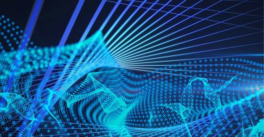 Mavi parlayan ağ üzerinde mor ışınlar dizisi bileşimi. küresel ağ oluşturma ve dijital arayüz kavramı dijital olarak oluşturulmuş görüntü.