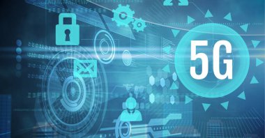 Kapsam taraması üzerine 5G metin bileşimi, çoklu dijital simgeler ve ışık yolları. küresel ağ, iletişim ve dijital arayüz kavramı dijital olarak oluşturulmuş görüntü.