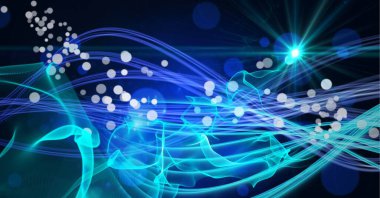 Birden fazla beyaz noktanın bileşimi, parlayan ışık ve mavi ile yeşil elektrik yollarının karışımı. küresel ağ oluşturma ve dijital arayüz kavramı dijital olarak oluşturulmuş görüntü.