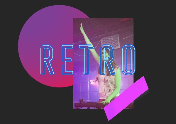 Retro Tekst Blauw Neon Type Met Vrouwelijke Paarse Vlek Zwarte — Stockfoto